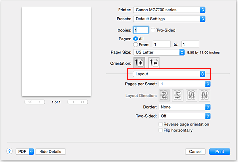 figura: Layout nella finestra di dialogo Stampa