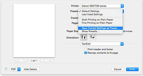 figura: Selezionare Salva impostazioni correnti come preimpostazioni... da Preimpostazioni nella finestra di dialogo Stampa