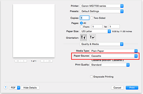 figura: Alimentazione carta per Qualità/Tipo di carta nella finestra di dialogo Stampa