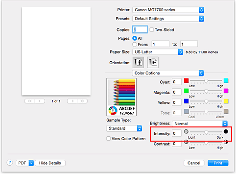 figur: Intensitet for fargealternativer i dialogboksen Skriv ut