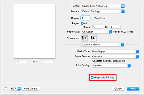 figur: Gråtoneutskrift for Kvalitet og medier i dialogboksen Skriv ut