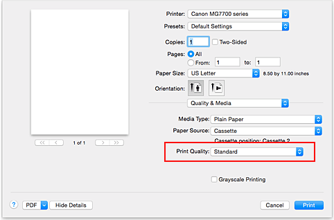 figur: Utskriftskvalitet for Kvalitet og medier i dialogboksen Skriv ut