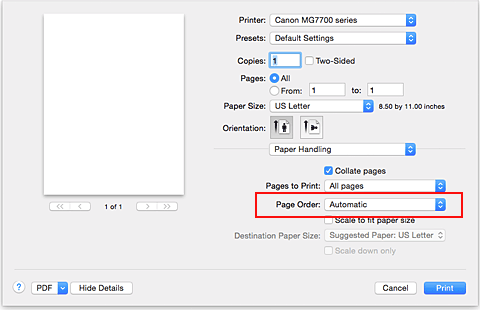 figur: Välj Automatisk från Utskriftsordning för Pappershantering i dialogrutan Skriv ut