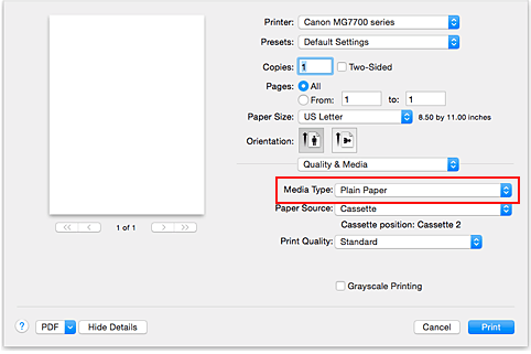 figur: Medietyp för Kvalitet och media i dialogrutan Skriv ut