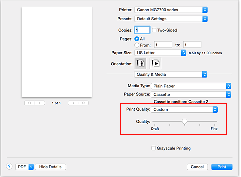 figur: Välj Anpassad från Utskriftskvalitet för Kvalitet och media i dialogrutan Skriv ut