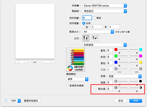 插圖：[列印]對話方塊中[色彩選項]的[對比度]