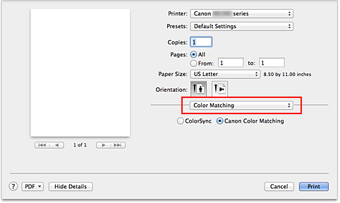 figure:Color Matching in the Print dialog