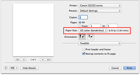 figure:Select XXX (borderless) from Paper Size in the Print dialog