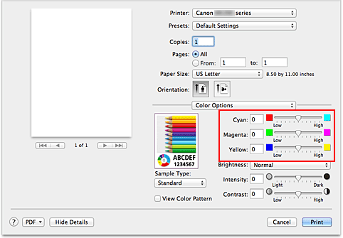 figura: Bilanciamento colore per Opzioni colore nella finestra di dialogo Stampa