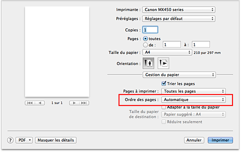 figure : Sélectionnez Automatique dans Ordre des pages pour Gestion du papier dans la boîte de dialogue Imprimer.