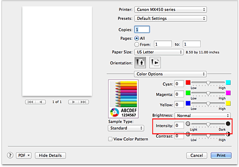 rysunek: sekcja Intensywność właściwości Opcje koloru w oknie dialogowym Drukuj