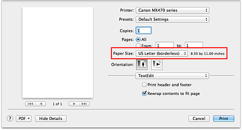 figure:Select XXX (borderless) from Paper Size in the Print dialog