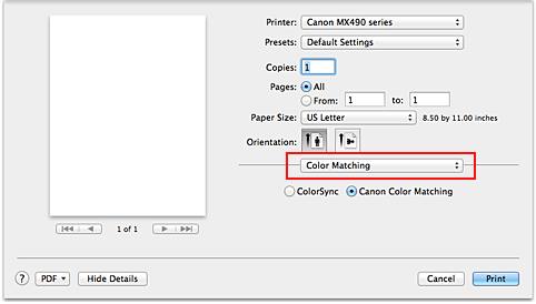 figure:Color Matching in the Print dialog