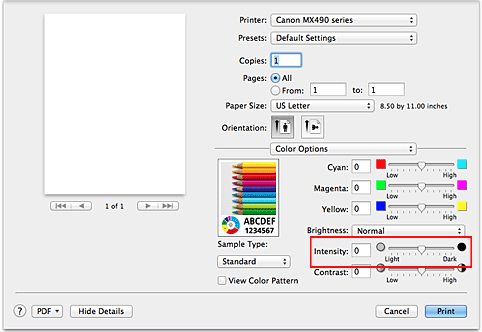 kuva:Väriasetukset-kohdan voimakkuus Tulostus-valintaikkunassa