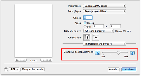 figure : Grandeur de dépassement de l'option Impression sans bordure de la boîte de dialogue Imprimer