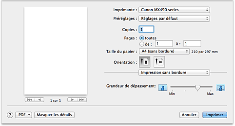 figure : Impression sans bordure dans la Boîte de dialogue Imprimer