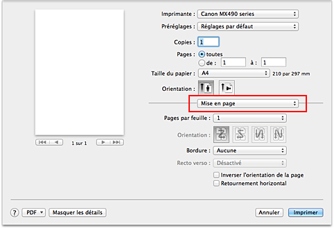 figure : Mise en page dans la boîte de dialogue Imprimer