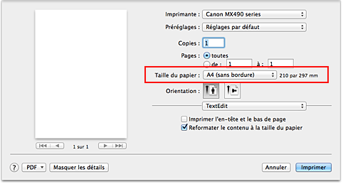 figure : Sélectionnez XXX (sans bordure) dans l'option Taille du papier de la boîte de dialogue Imprimer