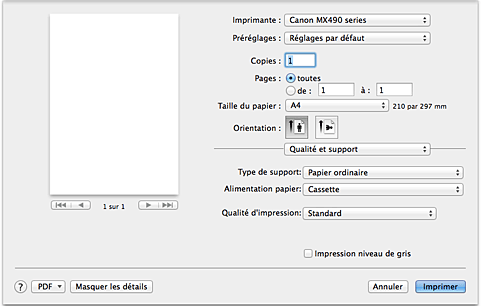 figure : Qualité et support dans la boîte de dialogue Imprimer