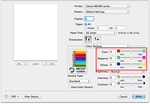 figura: Bilanciamento colore per Opzioni colore nella finestra di dialogo Stampa