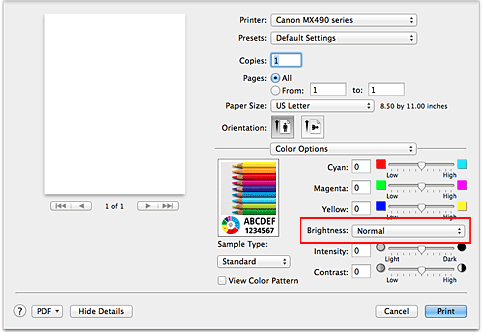 figura: Luminosità per Opzioni colore nella finestra di dialogo Stampa