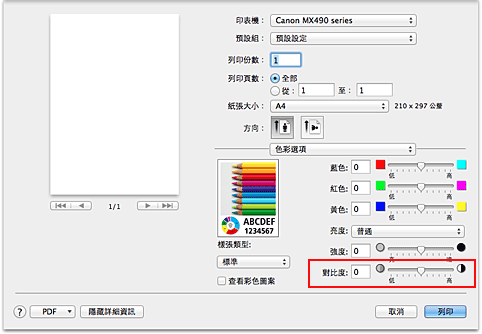 插圖：[列印]對話方塊中[色彩選項]的[對比度]