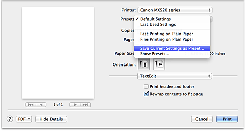 afbeelding: selecteer Huidige instellingen opslaan... bij Instellingen in het dialoogvenster Afdrukken