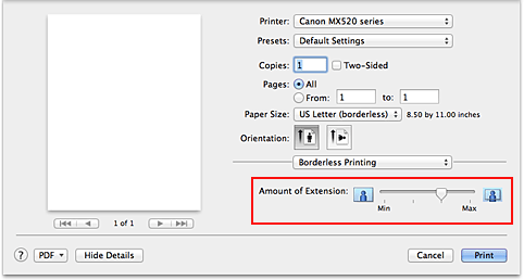 rysunek: Szerokość rozszerzenia przy drukowaniu bez obramowania w oknie dialogowym Drukuj