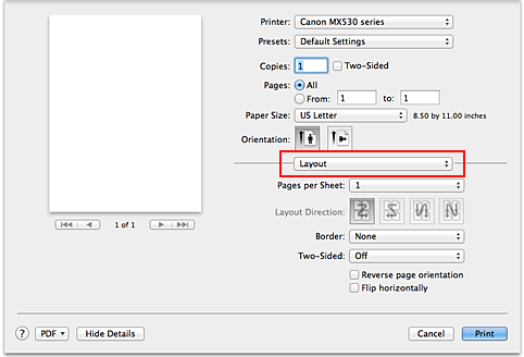 Abbildung: "Layout" im Dialog "Drucken"