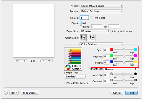 figure:Color balance of Color Options in the Print dialog