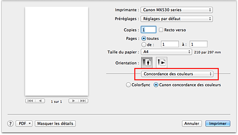 figure : Concordance des couleurs dans la boîte de dialogue Imprimer