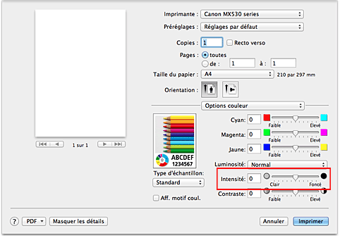 figure : Intensité des options de couleur dans la boîte de dialogue Imprimer