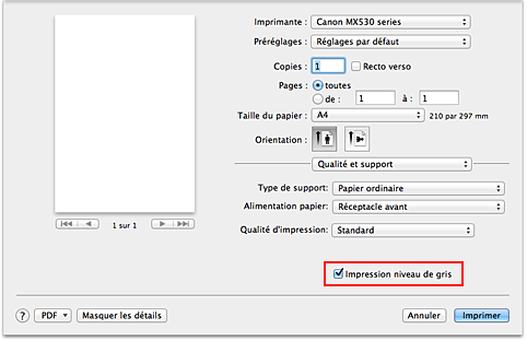 figure : Impression niveau de gris pour Qualité et support dans la boîte de dialogue Imprimer