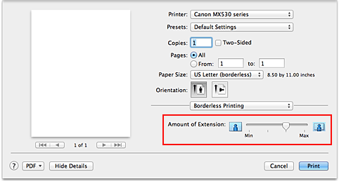 figura: Tamanho da Extensão de Impressão Sem-bordas na caixa de diálogo Imprimir