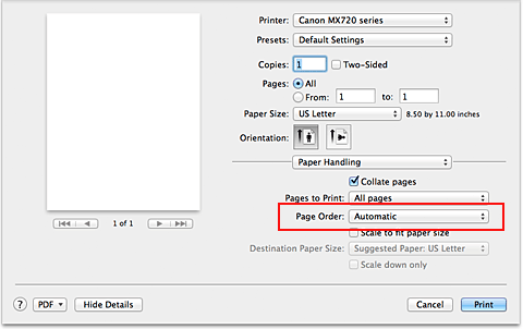 figure:Select Automatic from Page order of Paper Handling in the Print dialog