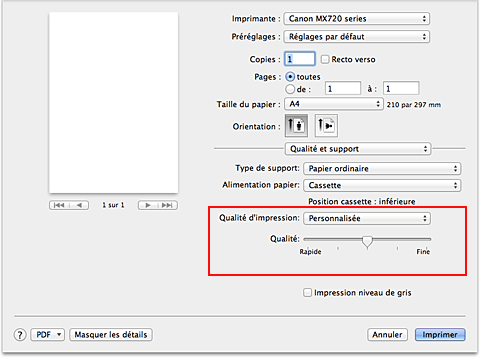 figure : Sélectionnez Personnalisée pour Qualité et support dans la boîte de dialogue Imprimer.