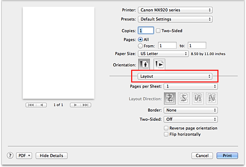 Abbildung: "Layout" im Dialog "Drucken"