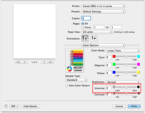 figure:Intensity of Color Options in the Print dialog