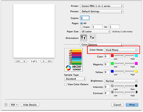 Imagen: Modo de color de Opciones de color del cuadro de diálogo Imprimir