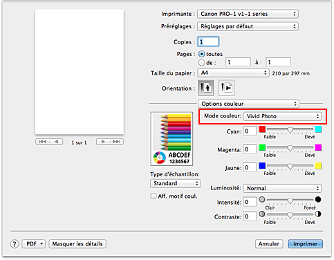 figure : Mode Couleur des options de couleur dans la boîte de dialogue Imprimer