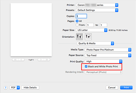 الشكل: طباعة صور أبيض وأسود ضمن الجودة والوسائط في مربع حوار الطباعة