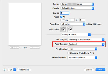 الشكل: مصدر الورق ضمن الجودة والوسائط في مربع الحوار طباعة