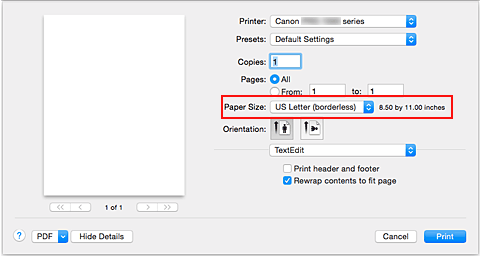 afbeelding: Selecteer XXX (geen randen) bij Papierformaat in het dialoogvenster Afdrukken