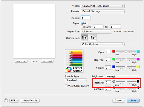 الشكل: الكثافة ضمن خيارات الألوان في مربع الحوار طباعة