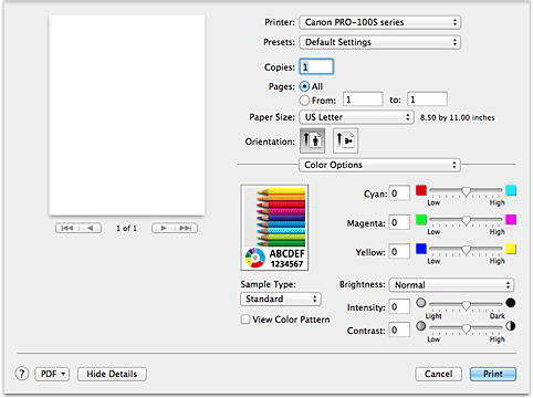 الشكل: خيارات الألوان في مربع الحوار طباعة