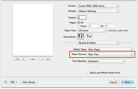 figure:Paper Source of Quality & Media in the Print dialog