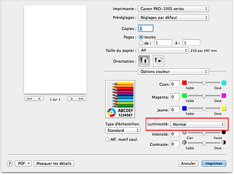 figure : Luminosité des options de couleur dans la boîte de dialogue Imprimer