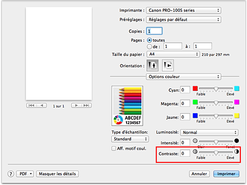 figure : Contraste des options de couleur dans la boîte de dialogue Imprimer