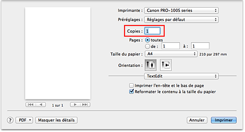 figure : Copies dans la boîte de dialogue Imprimer