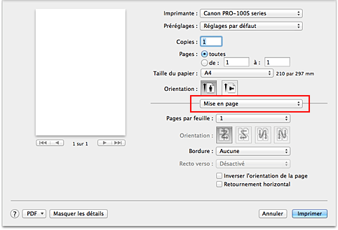 figure : Mise en page dans la boîte de dialogue Imprimer